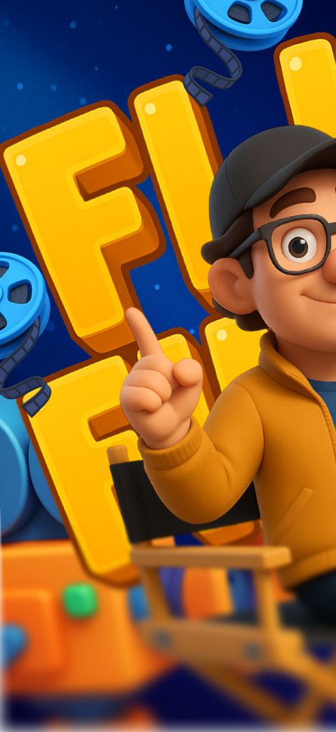 A 3D cartoon character with glasses and a cap pointing up with film reels in the background