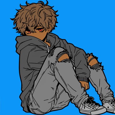 a male hoddie ripped jeans messy hair anime
