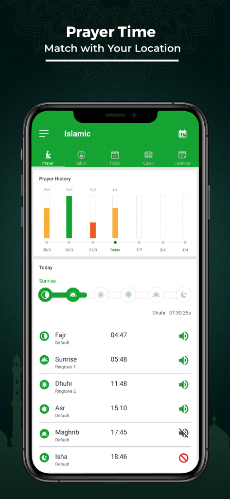 Muslim App - Islamic Pro - Muslim App Islamic Pro prayer times screen showing the daily prayer schedule and history chart