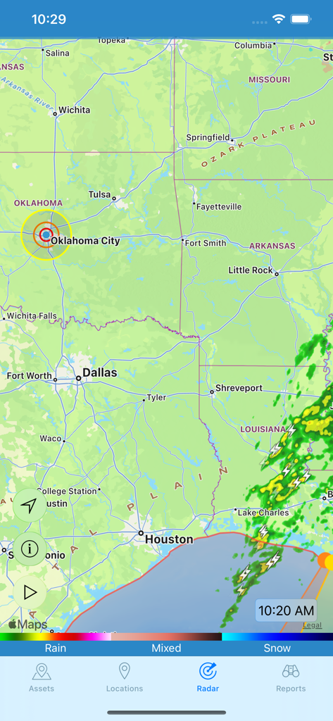 WeatherOps - WeatherOps mobile app radar screen showing storm tracking and lightning alerts across the Gulf Coast region.