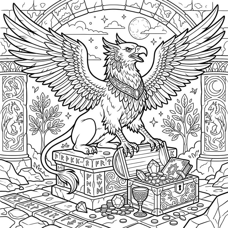 Embark on an epic coloring adventure with this stunning guardian griffin template. This intricate design features a regal griffin protecting a bounty of ancient treasures, perfect for fantasy enthusiasts.