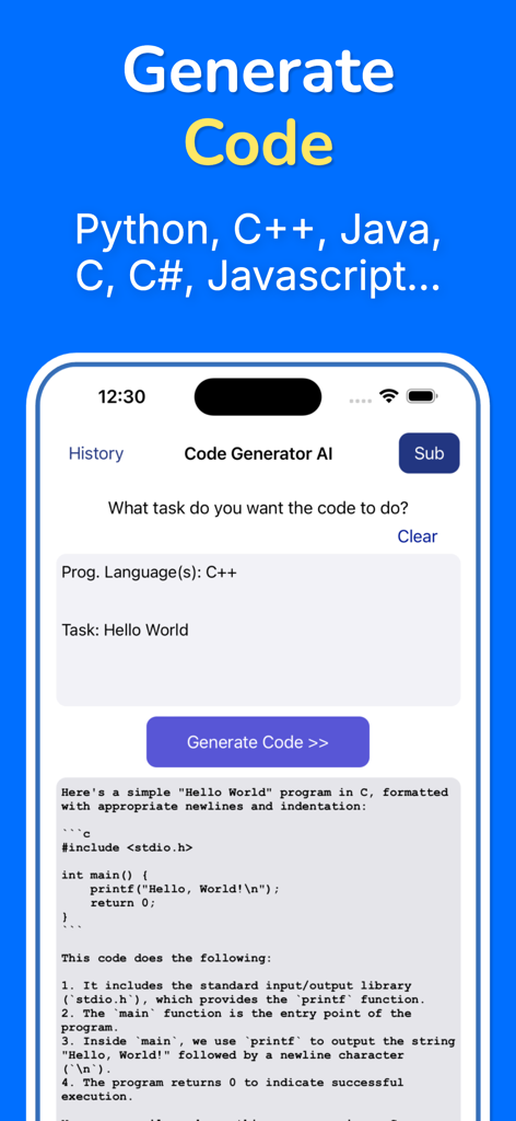 Tela do aplicativo Developer AI mostrando um trecho de código gerado por IA para uma tarefa de 'olá mundo' em C
