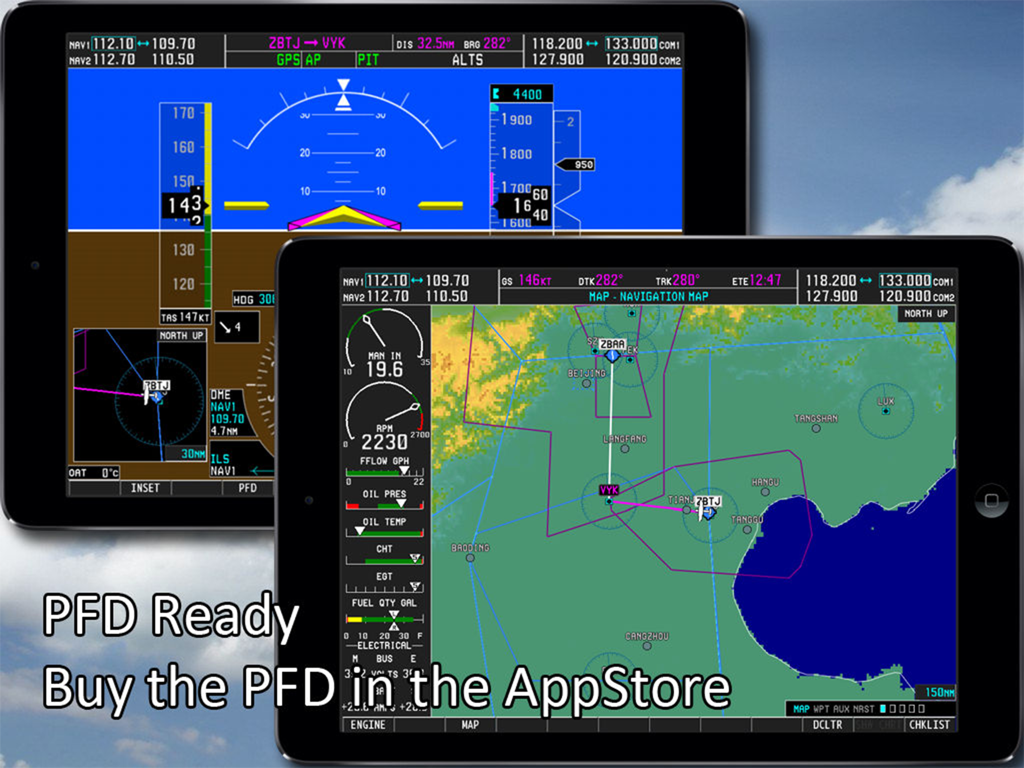 Dual iPad setup showing the Simionic G1000 MFD and PFD flight simulator apps