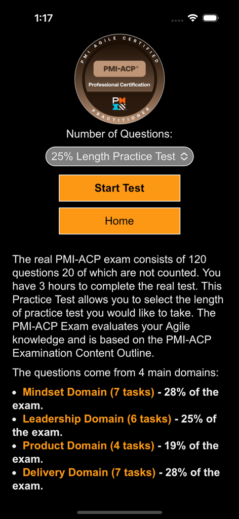 시험 도메인과 시작 버튼을 보여주는 PMI-ACP 애자일 연습 시험 구성을 위한 모바일 앱 화면