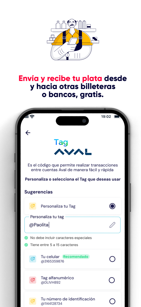 dale! Colombia - Interfaz de la app Dale! Colombia mostrando cómo crear un Tag Aval personalizado para transferencias de dinero instantáneas