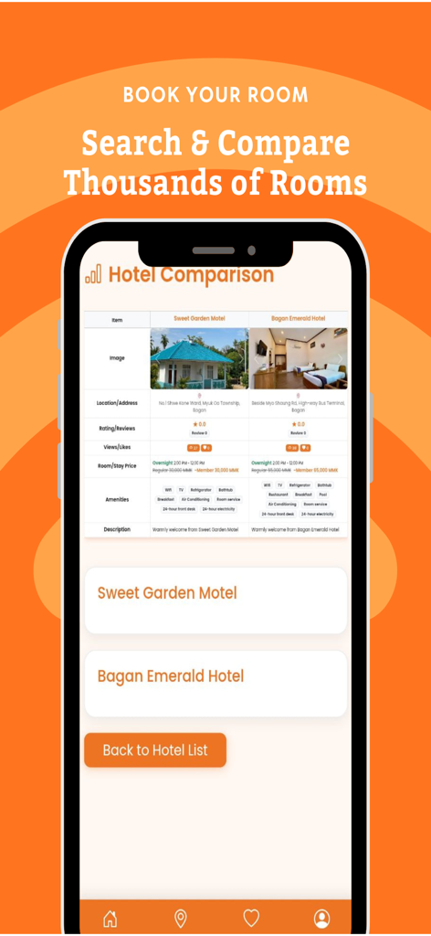 미얀마 숙박 시설에 대한 호텔 비교 기능을 나란히 보여주는 모바일 앱 스크린샷.