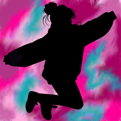 realistic girl jumping with a bun and oversized sweatshirt