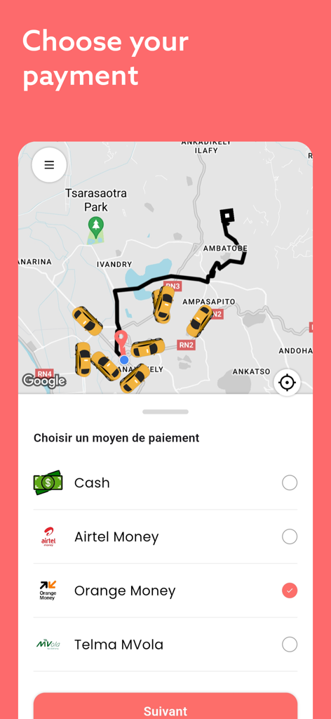 Misy - Pantalla de selección de métodos de pago en la aplicación Misy que muestra opciones de efectivo, Airtel Money, Orange Money y MVola.