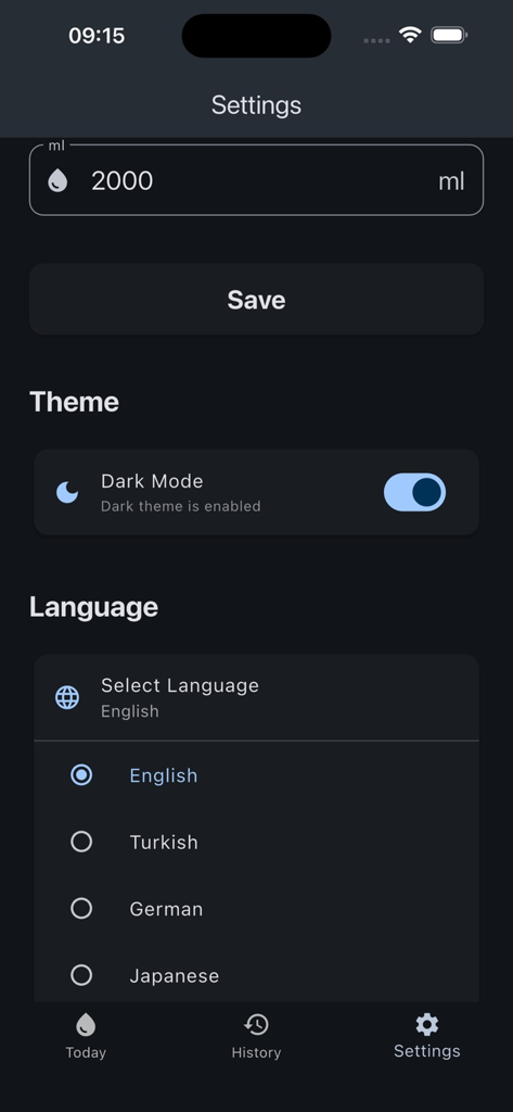 Tela de configurações do aplicativo AquaSprout mostrando a entrada da meta diária de hidratação, o alternador do modo escuro e as opções de idioma