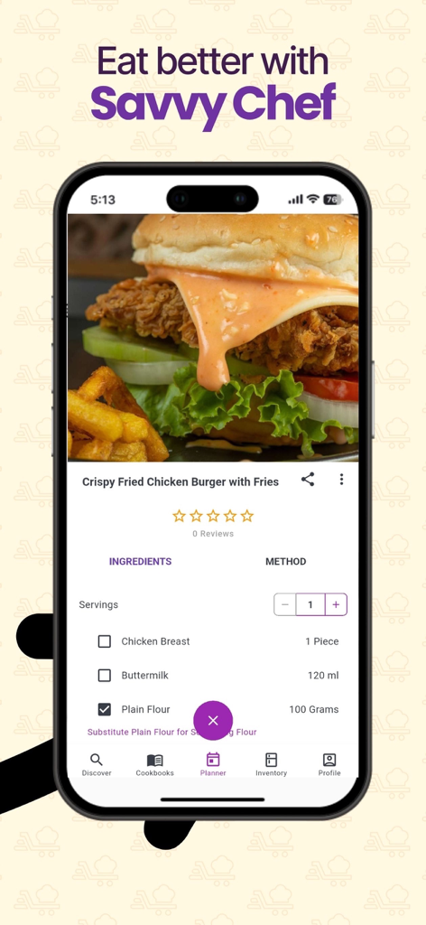 Savvy Chef - Savvy Chef app interface displaying a recipe for a chicken burger with its ingredients list