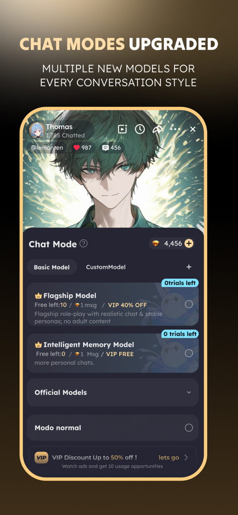 Saylo: AI Character Story Chat - The Saylo app interface displaying various AI chat model options for character interaction.
