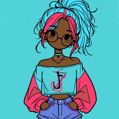 girl with a messy ponytail glasses a baggy crop top and jean shorts