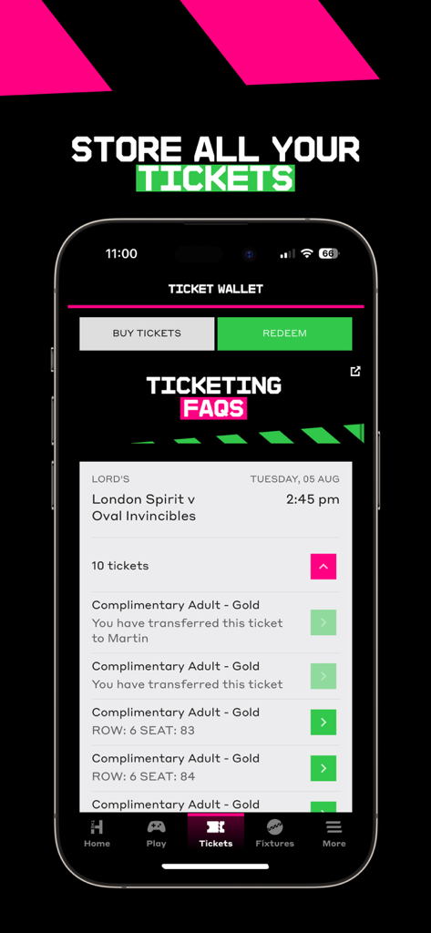 The Hundred - Ticket wallet interface in The Hundred app showing cricket match details and seating information for London Spirit versus Oval Invincibles