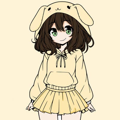 pretty anime girl wearing a fluffy hoodie with bunny ears on the hood and a skirt