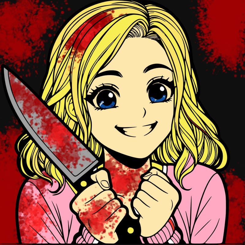 a realistic girl holding a knife and grinning