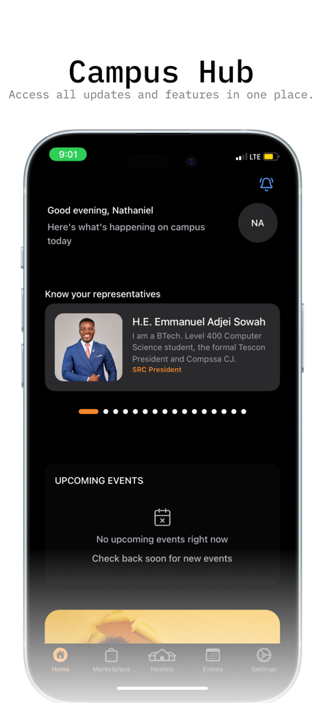 Schermata principale dell'app KTU SRC che mostra gli aggiornamenti del campus hub e il profilo del presidente SRC.