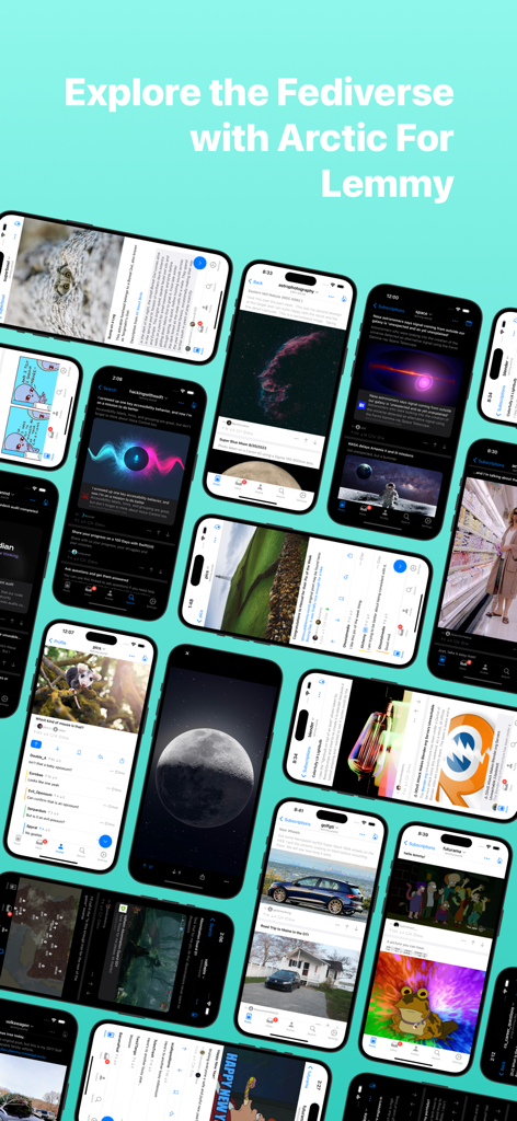 Arctic For Lemmy - Collage promocional de pantallas de la aplicación Arctic For Lemmy para iOS mostrando varios feeds de comunidades del Fediverso