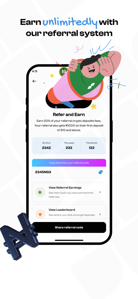 Spenda - Refer and earn screen in the Spenda app showing referral statistics and rewards