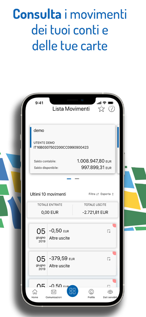 La Cassa di Ravenna S.p.A. - Happy Banking app interface showing account balance and transaction history