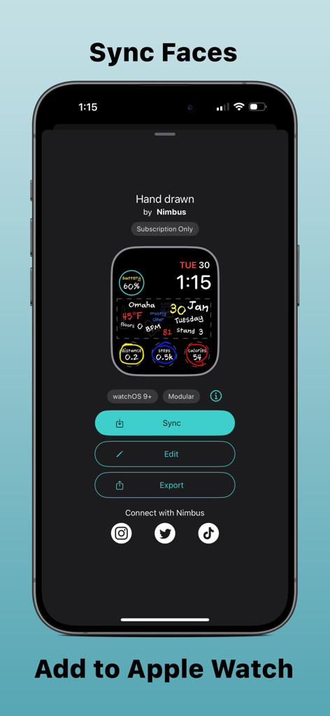 Custom Widgets by Clockology - Clockology app interface showing a custom hand drawn watch face ready to sync to an Apple Watch
