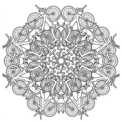 Dive into the world of speed and symmetry with this captivating triathlon bike mandala. This intricate design combines the thrill of aerodynamic racing machines with the calming beauty of geometric patterns.