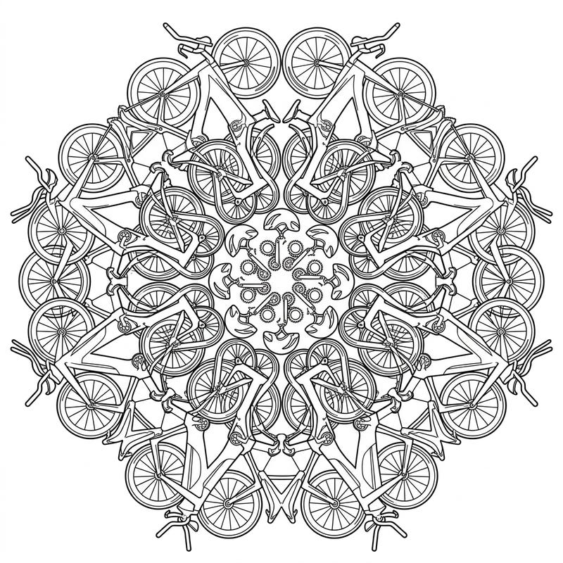 Dive into the world of speed and symmetry with this captivating triathlon bike mandala. This intricate design combines the thrill of aerodynamic racing machines with the calming beauty of geometric patterns.