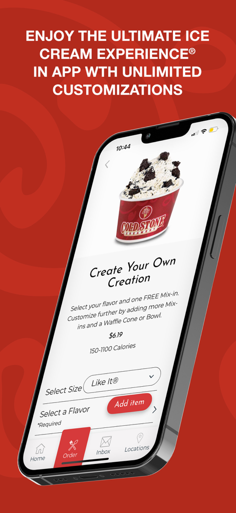 Cold Stone - Écran d'un téléphone portable montrant l'interface de l'application Cold Stone Creamery pour créer une commande de glace personnalisée