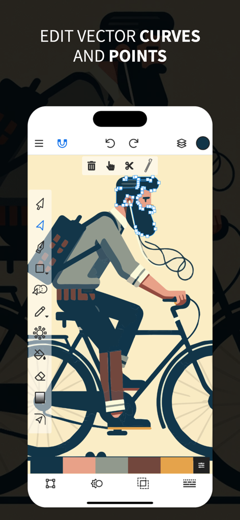 Écran de smartphone montrant l'édition de courbes et de points vectoriels sur un design graphique