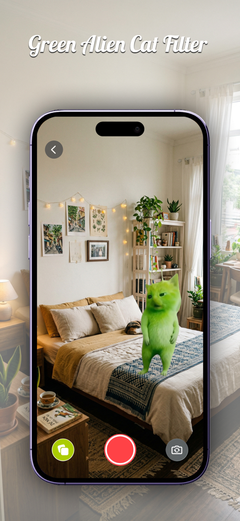 Green Alien Cat Dance Filter - A smartphone displaying the Green Alien Cat AR filter with a 3D green cat character standing on a bed in a bedroom.