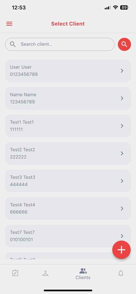 My Atelier Online - Select client screen in the My Atelier Online app showing a searchable customer list for boutique owners.