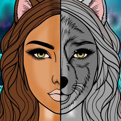 split face realistic woman and wolf