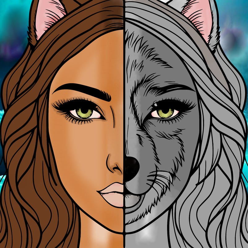 split face realistic woman and wolf