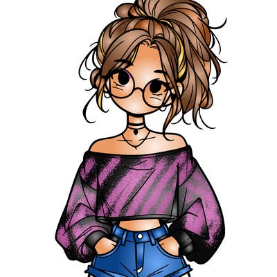 girl with a messy ponytail glasses a baggy crop top and jean shorts