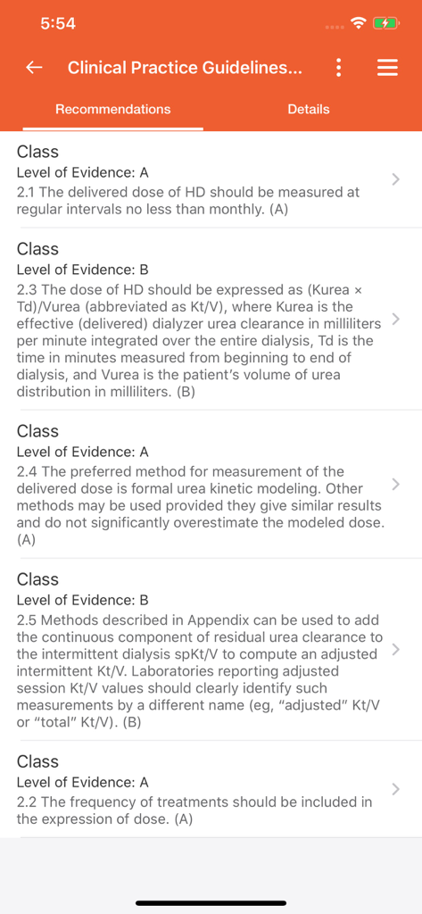 NKF KDOQI app displaying clinical practice recommendations and levels of evidence for hemodialysis.