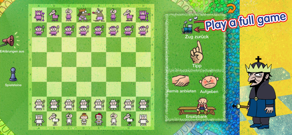 A colorful chessboard from the Fritz and Chesster app featuring cartoon characters and game controls