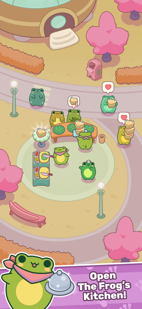 Frogs Kitchen - Cute frog chefs preparing sandwiches and serving food in an outdoor kitchen setting.