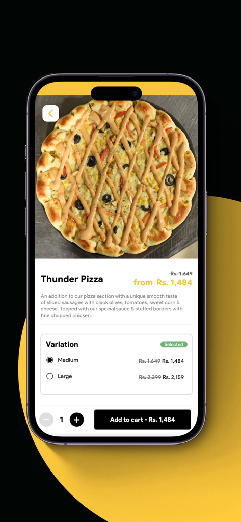 Food Planet Pk - Thunder Pizza menu item with price and size variations on the Food Planet Pk app