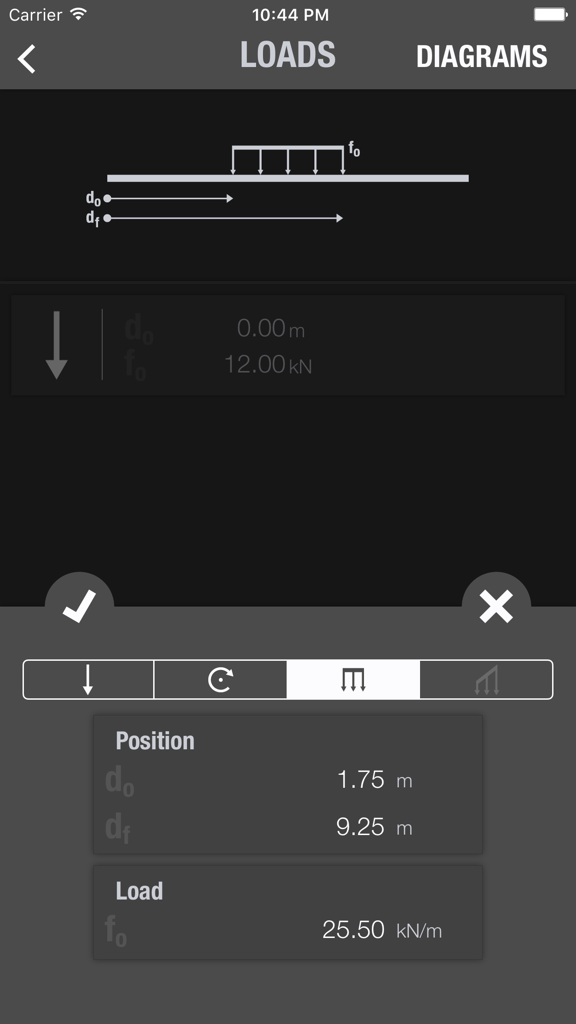 Shear & Moment Diagrams - Mobile app interface for entering distributed load parameters on a beam