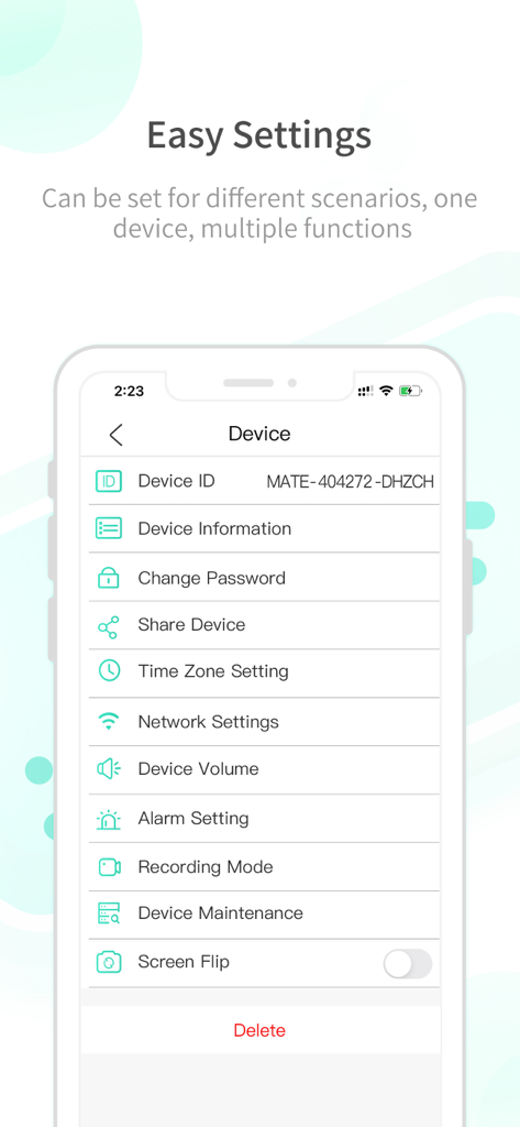 Smartphone screen showing the device settings menu for the HapSeeMate plus security camera app