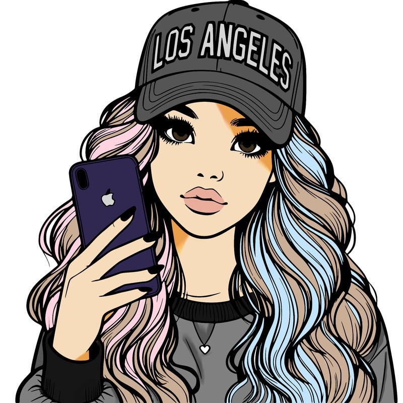 realistic beautiful girl wearing los ángeles cap holding an iphone