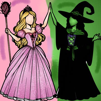 detailed realistic split of a princess and a witch