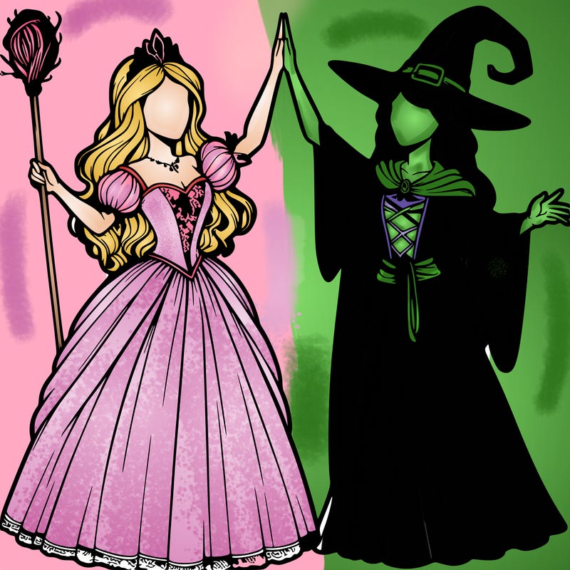 detailed realistic split of a princess and a witch