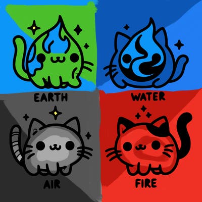 4 cats that represent the different elements, earth, water, air, and fire