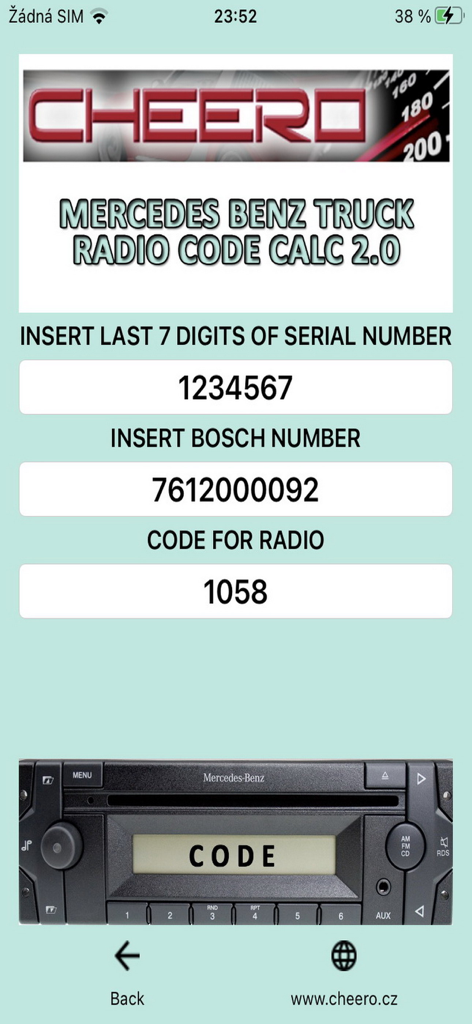 Interface of the Mercedes Benz Truck Radio Code Calc app showing serial and Bosch number inputs with a generated radio unlock code.
