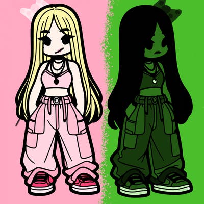 girl in baggy pants crop top and long hair