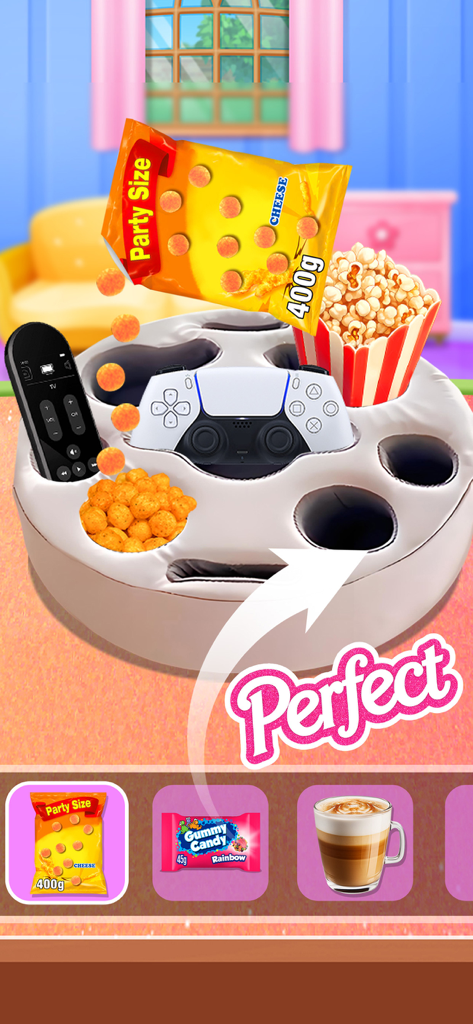 Organizando lanches e dispositivos eletrônicos em uma bandeja redonda no jogo Daily Restock