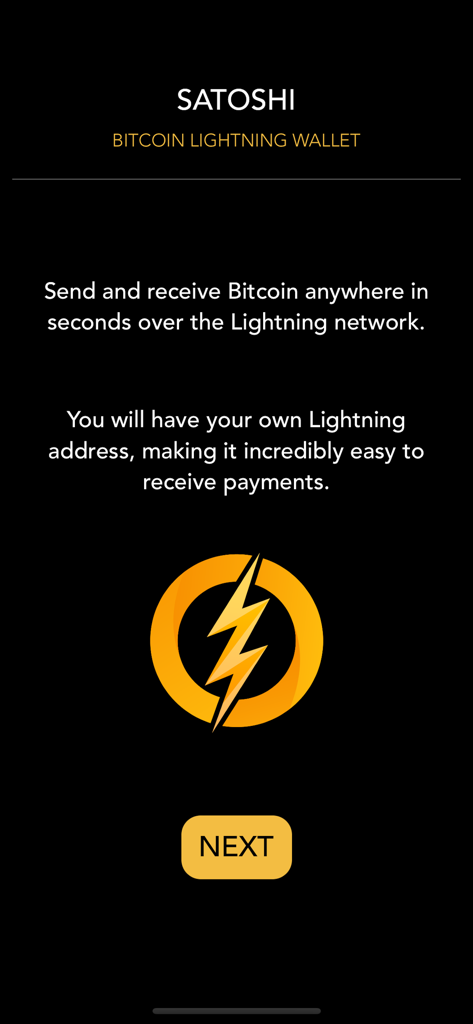 Satoshi Bitcoin Lightning - Satoshi Bitcoin Lightning wallet onboarding screen highlighting fast transactions and lightning addresses