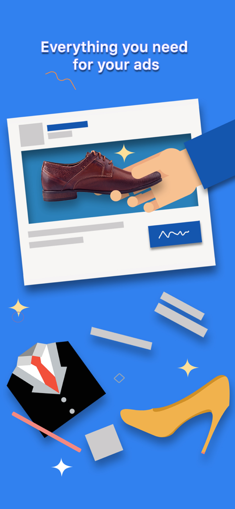 Ad maker app showing a professional template for product advertisements on a blue background