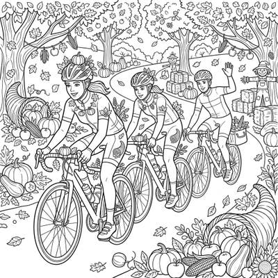 Embark on a delightful autumn journey with our Thanksgiving Road Cyclists coloring page. This intricate design features enthusiastic cyclists amidst a bountiful harvest scene, perfect for celebrating the season with your creative flair.