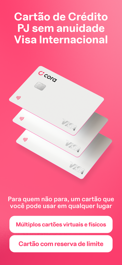 Three white Cora Visa business credit cards shown on a pink background with promotional text about no annual fees